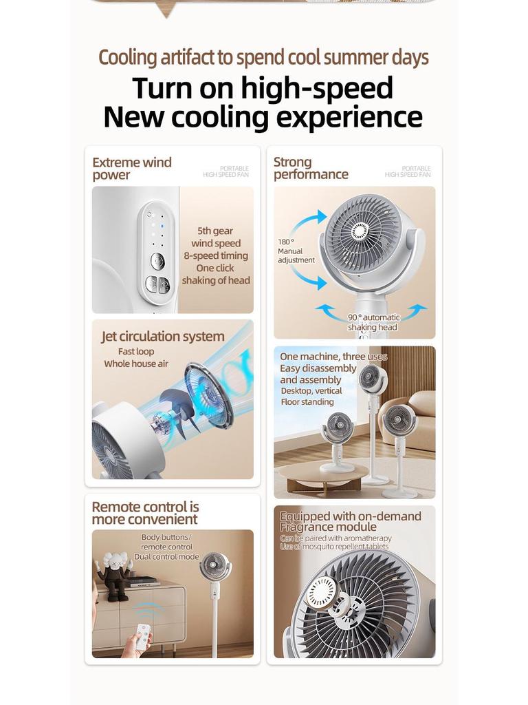 Rechargeable Oscillating Air Circulator Fan for Desktop, Floor, and Dorm