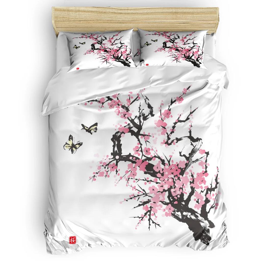 Set husă de plapumă roz pal, Ramură de Sakura cu flori de cireș Primăvară japoneză delicată, Set de lenjerie de pat decorativ din 3 piese, Mărime king