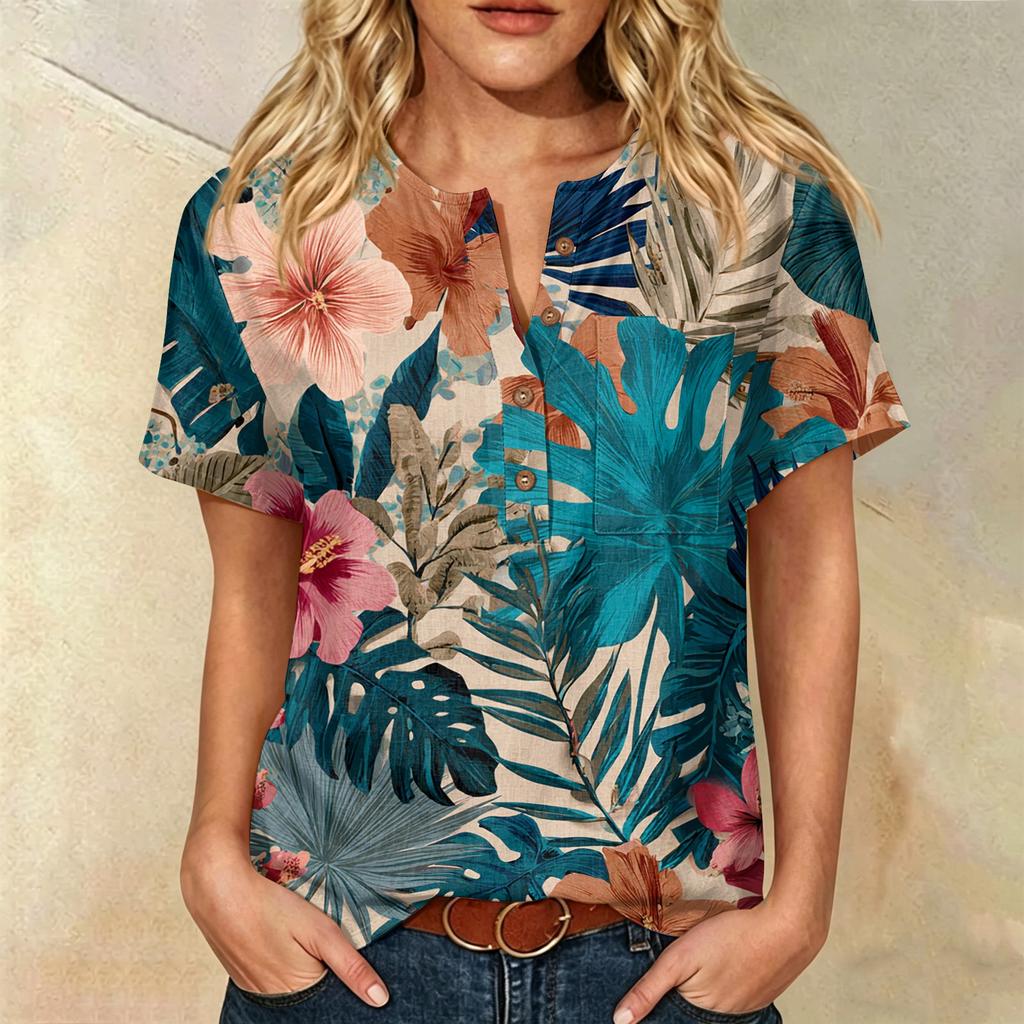 Damen Kurzarm Hemd aus Leinen-Baumwollmischung Henley Knopfleiste Brusttasche Blumendruck Lässiges Sommer Top