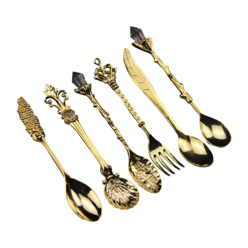 Pack Of 6 Elegant Vintage Dessert Coffee Spoons Crystal Zincs Alloy Carving Stirring Utensils For Home Teas Parties