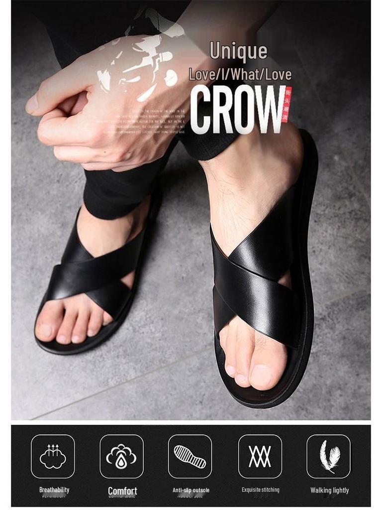 Men's Genuine Leather Korean Style Sandals - Trendy, Non-Slip Beach Flip-Flops