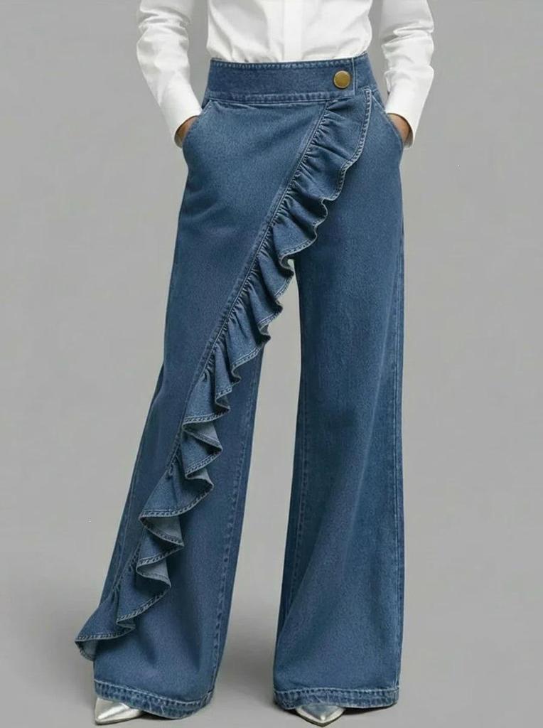 Retro Irregular High-Waisted A-Line Printed Faux Denim Women's Dress