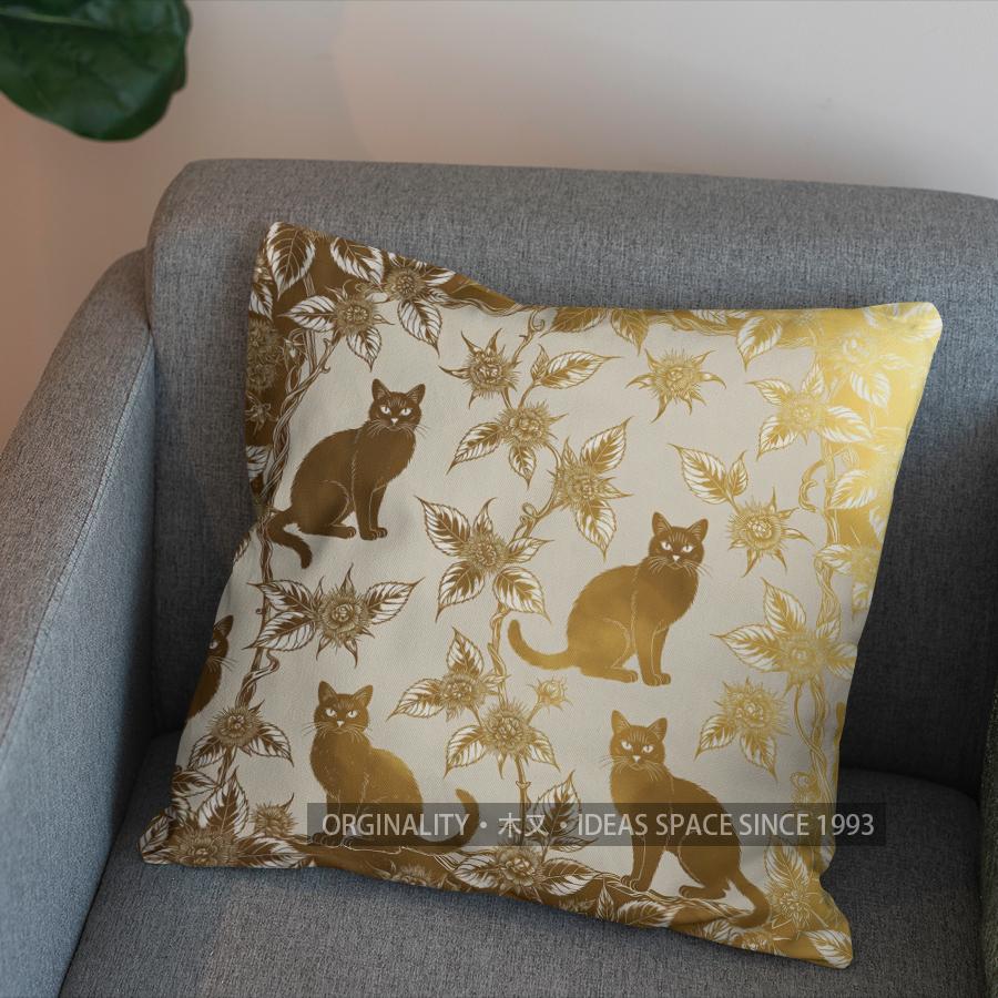 2D Golden Cats On Thorn Branches Throw Pillow Pattern Cushion Cover Suitable For Sofa Bedroom Car Pillow Cover