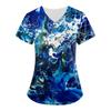 Women's Printing Short Sleeve V-neck Tops Working Uniform Pocket Blouse