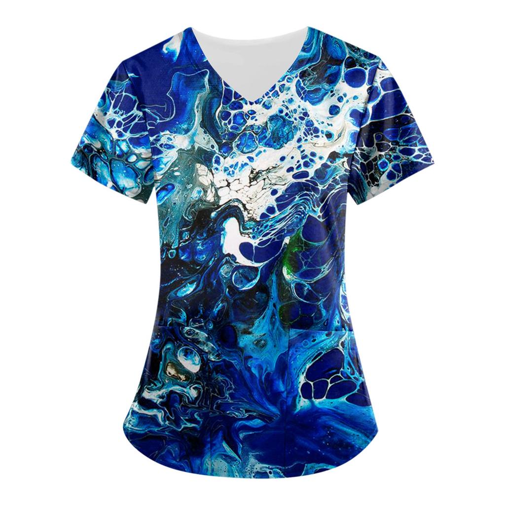 Women's Printing Short Sleeve V-neck Tops Working Uniform Pocket Blouse