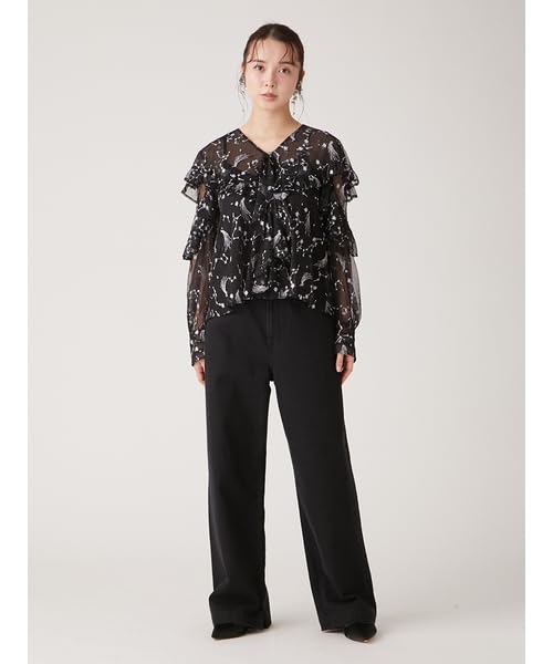 Lily Brown Starry Sky Embroidered Frill Blouse LWFT245101 Black Women's
