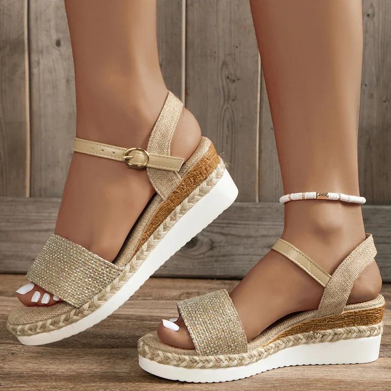 Fashion Canvas Espadrilles Wedge Sandals for Women 2025 Summer Casual Ankle Strap Platform Sandles Woman Thick Sole Non Slip Beach Shoes