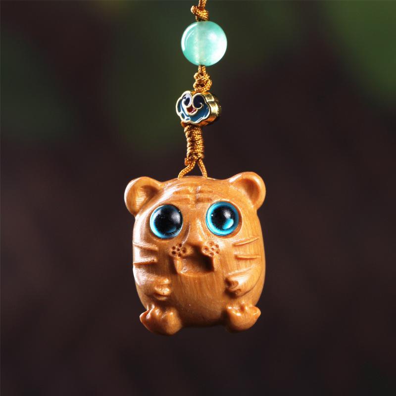 Red and Green Sandalwood Tiger Pendant Phone Charm - First Birthday Gift