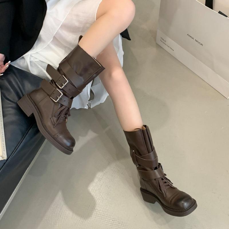 2025 autumn and winter new dark wind belt buckle locomotive boxing boots women's thick-soled retro wind tube knight boots women