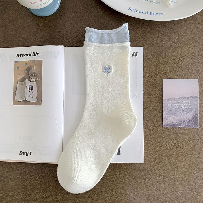 

Ladies Spring and Autumn Sweet Bow Lace Matching Color Medium Cylinder Stack Socks 1 pair