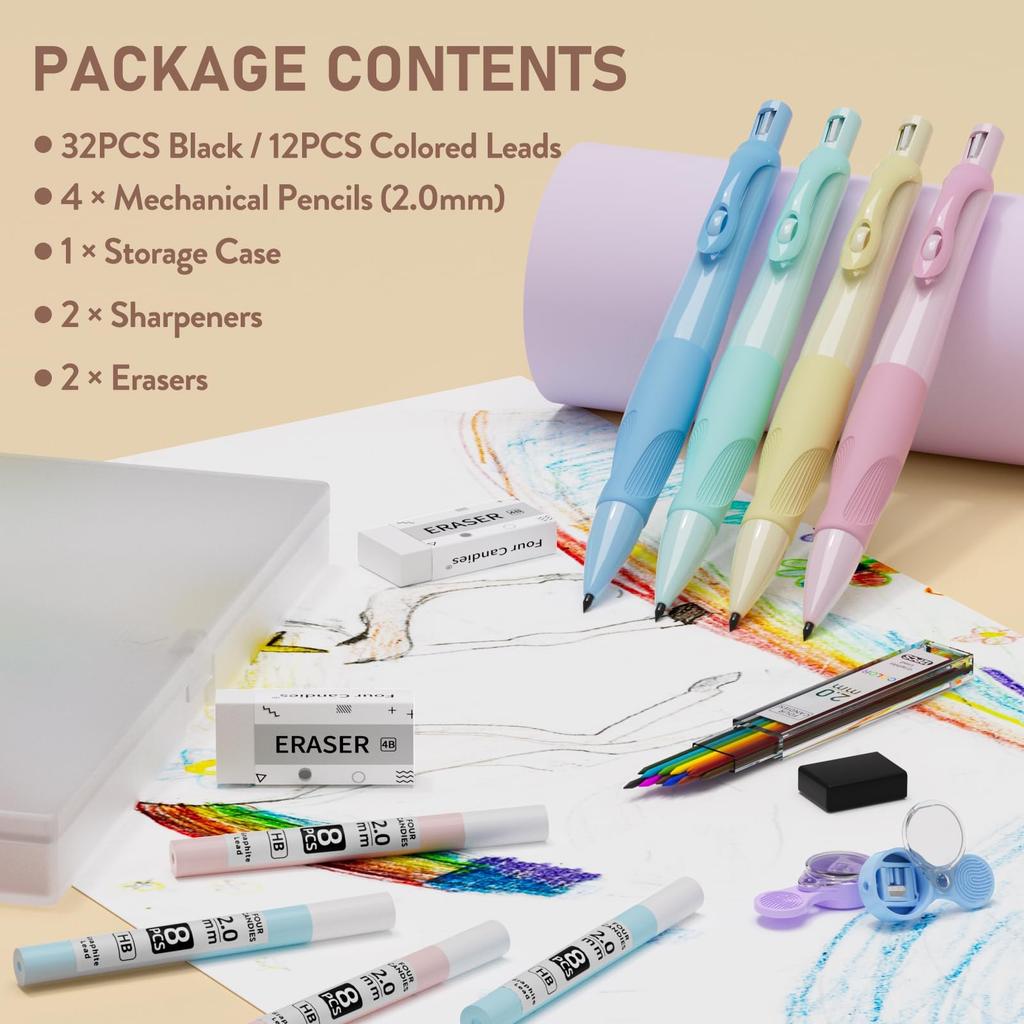 Four Candies Cute Mechanical Pencil 4 Mechanical Ergonomic Mechanical HB Aesthetic School Supplies for Kids Set 2.0mm Pencils, Pencils, Lead,
