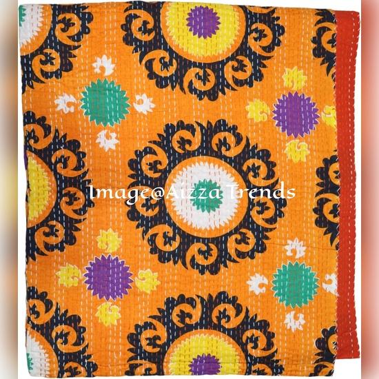 Aizza Trends Handmade Pure Cotton  Printed Kantha Quilt  - Traditional Look Bed Spread Kantha Gudri - Vintage Hand Stitch Gudri