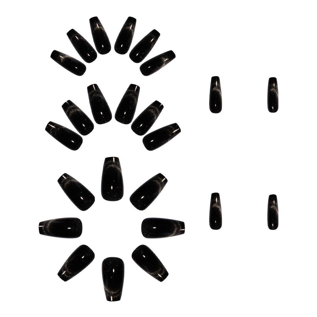 Long Black Cat Eye Crystal Press-on Nails with Whitening Effect