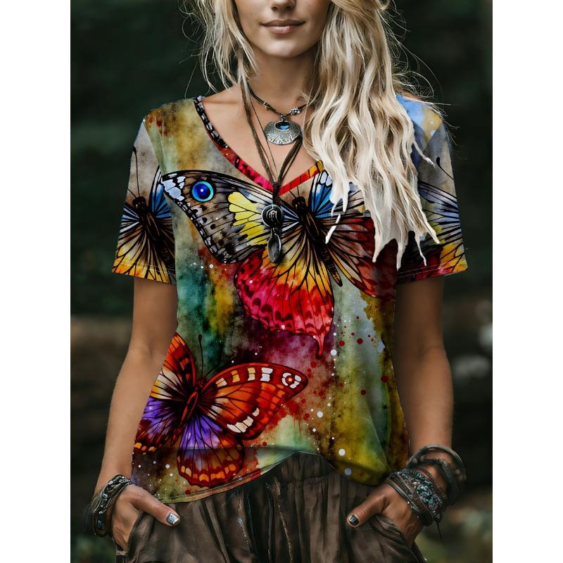 Plus Size Women's 2026 Summer New 3D Print V-Neck Short Sleeve T-Shirt, Slimming Loose Fit Versatile Casual Top, No Accessories Included