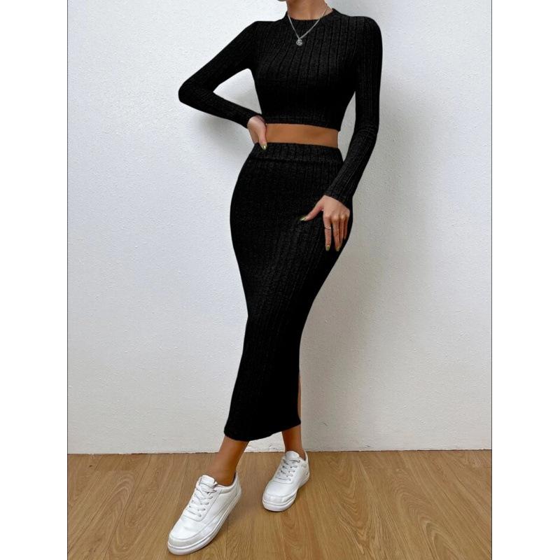Žebrovaný pletený sladěný set Dámský crop top s dlouhým rukávem a úzká pouzdrová sukně s vysokým pasem