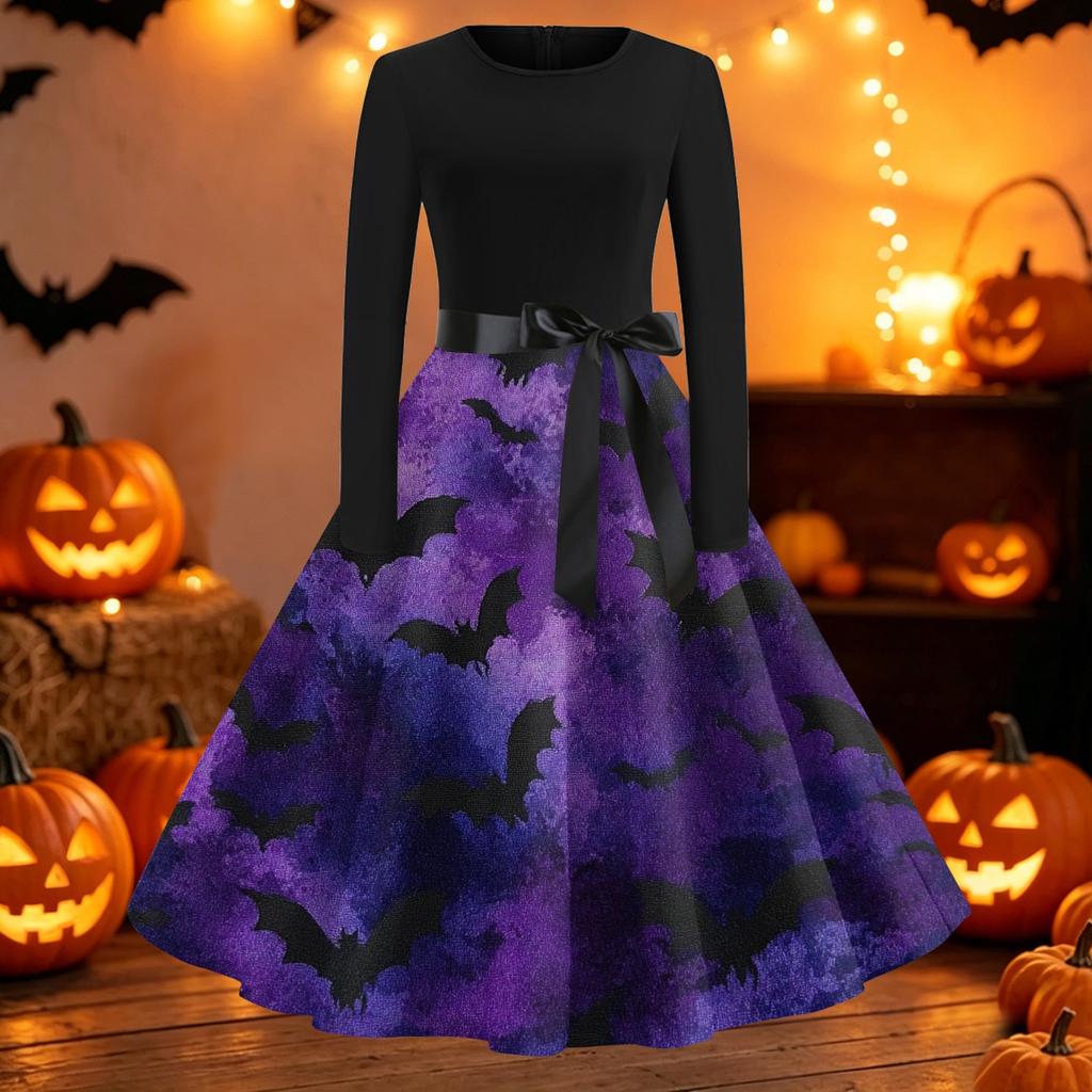 Women's Casual Long Sleeve Fit and Flare Dress Round Neck Halloween Print Full Skirt Midi Dress with Waist Tie Belt