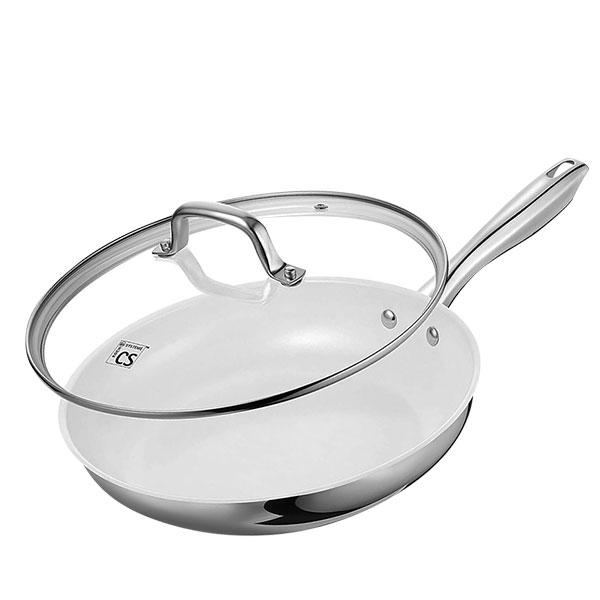 

Premium Stainless Steel Frying Pan Skillets 8 Inch Kitchen Cooking Pan Nonstick White Ceramic Coating Egg Frying Pan with Lid