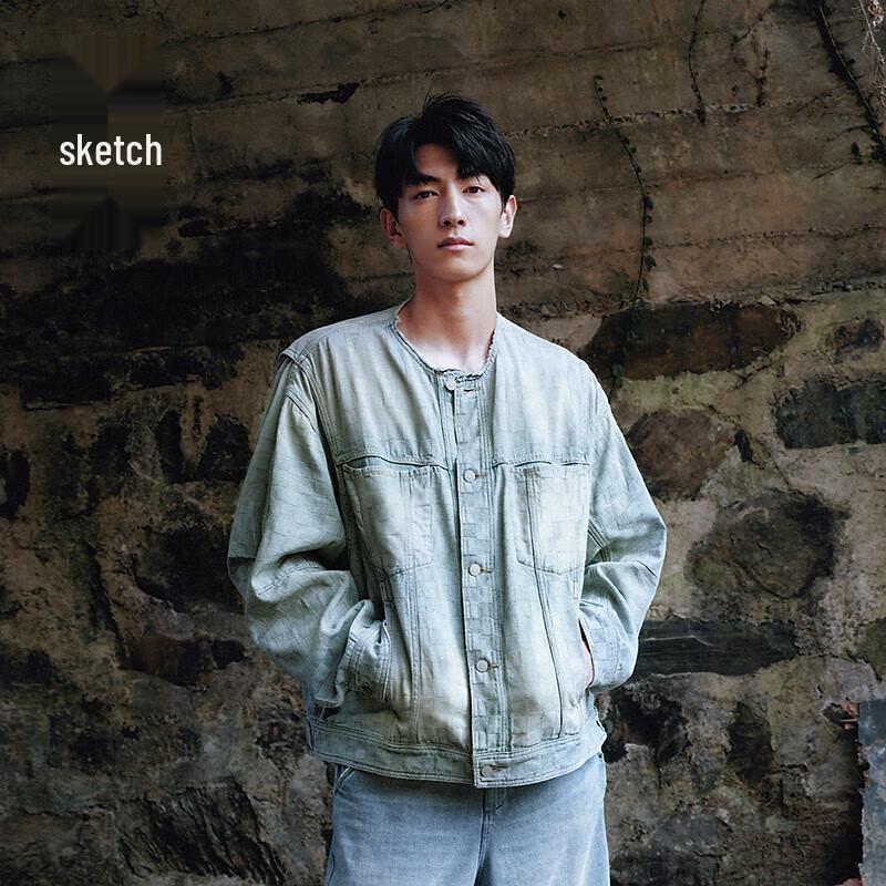 CROQUIS Men's H-Shaped Collarless Long-Sleeve Denim Jacket