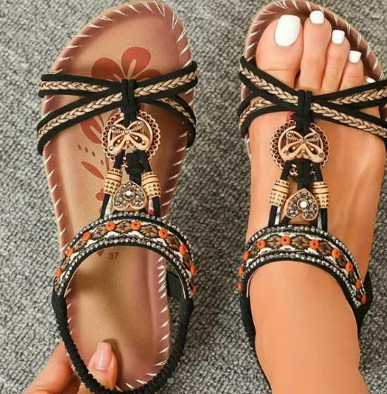2025 Bohemian Rhinestone Women's Summer Sandals - Flat, Round & Open Toe