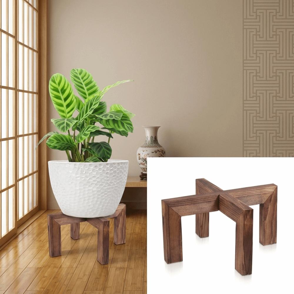 Pine Wood Flower Pot Rack Brown Wood Grain Cross Display Stand Tabletop Plant Shelf Living Room