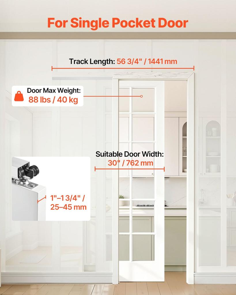 Sliding Pocket Door Hardware Track Kit, 1441 mm Pocket Door Track Kit with Soft Close Mechanism for Smooth and Quiet Sliding, Easy to Install, for 25
