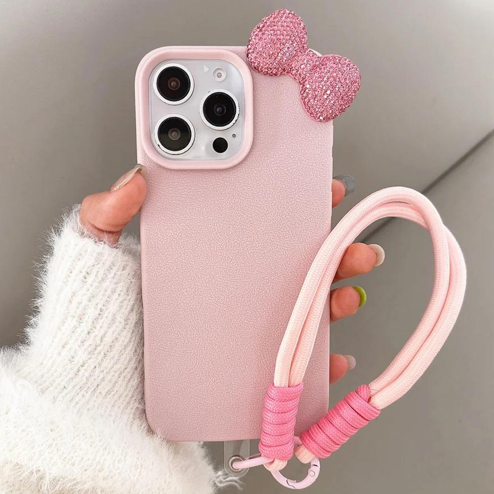 

3D Rhinestone Bow Litchi Pattern Soft Phone Case For iPhone 11 12 13 14 15 16 Pro Max Plus 16E X XS XR With Lanyard Rope Cover For iPhone 16