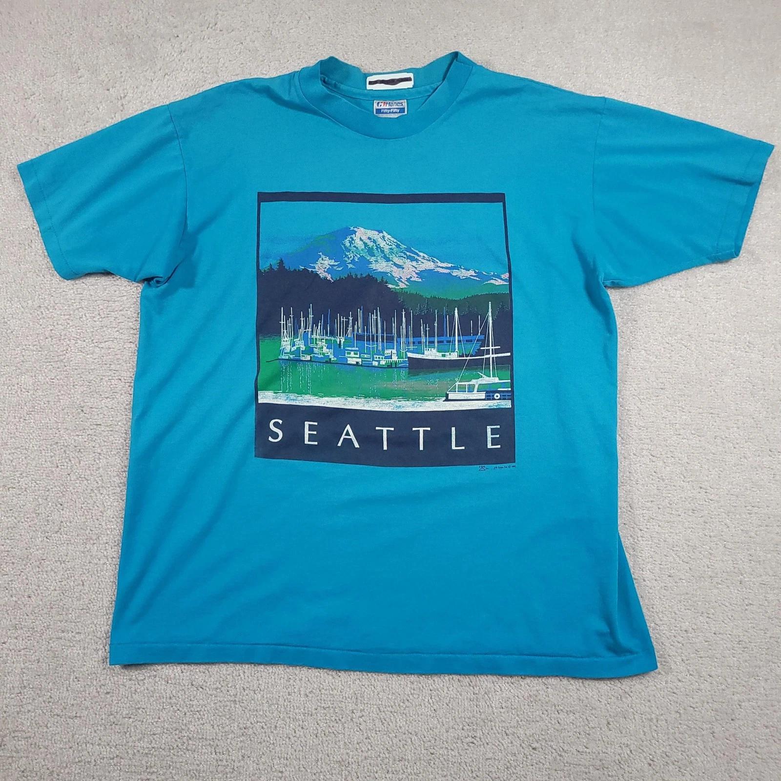 

Vintage Seattle Shirt Mens XL Hanes Fifty-Fifty Boat Graphic Made USA 80s 150