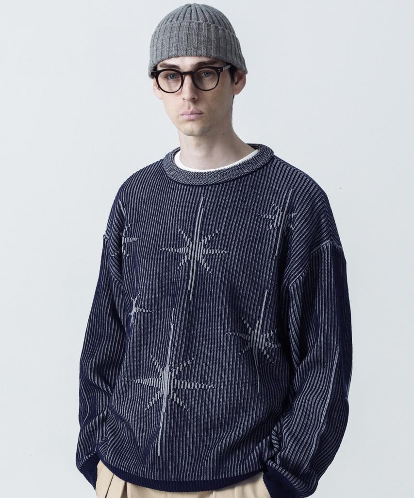STAGE NAME Two-Tone Winter Stars Round Neck Oversized Knit_Navy