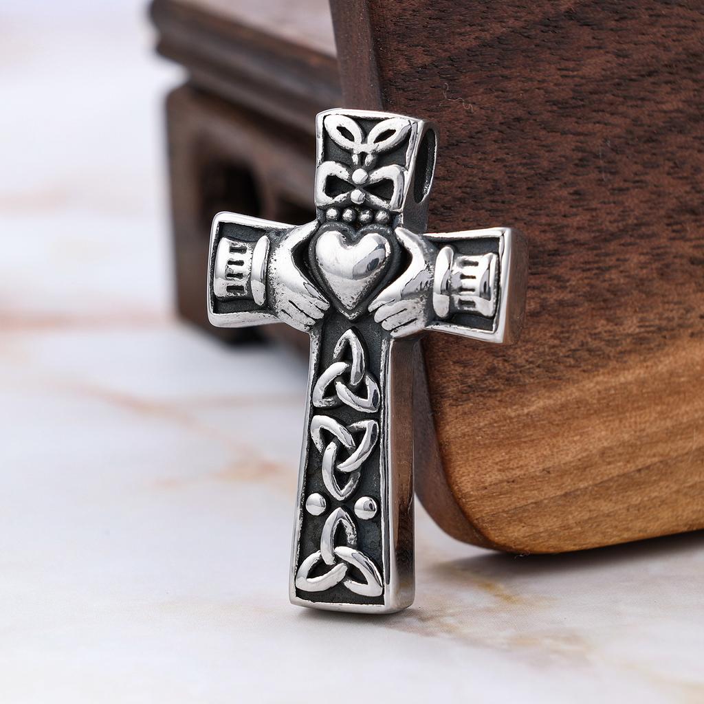 Cool Stainless Steel Irish Celtic Trinity Knot Claddagh Cross Pendant Necklace