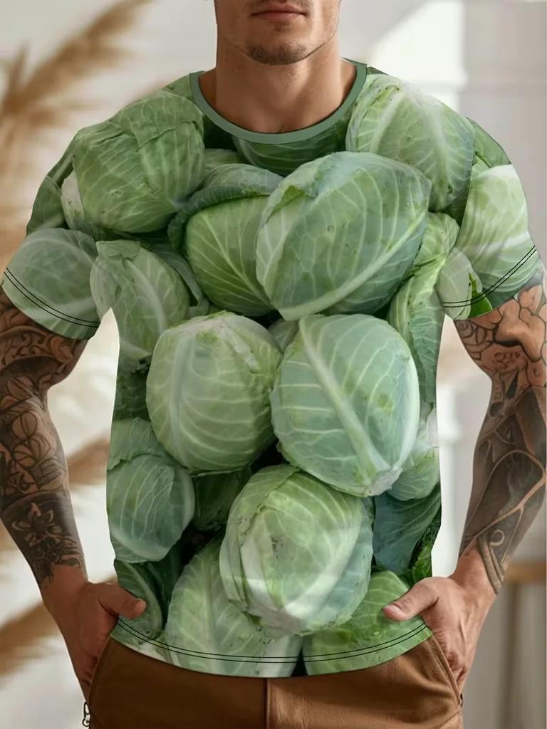 The Interesting Cabbage and Lettuce Pattern Summer 3D Printed Large-sized Men's T-shirt Is Suitable for Daily Wear