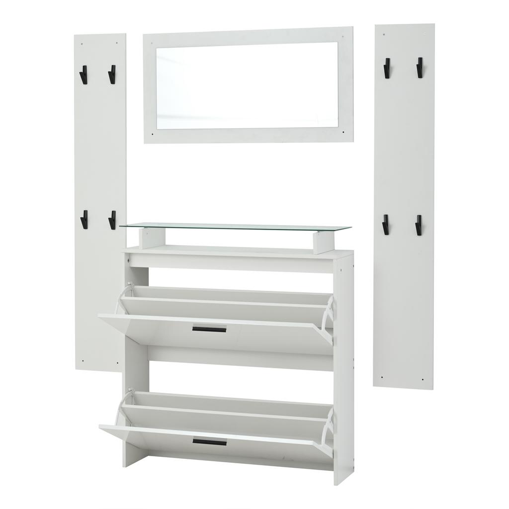 89.5*23*96.5cm Hallway Wardrobe Set 4-Piece with Mirror, 2 Hat Shelves and High Gloss Shoe Cabinet, with 8 Clothes Hooks, White