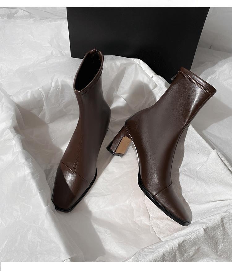 Brown Short Boots Women's High Heel Autumn and Winter Thick Heel French Temperament Rear Zipper Square Head Elastic