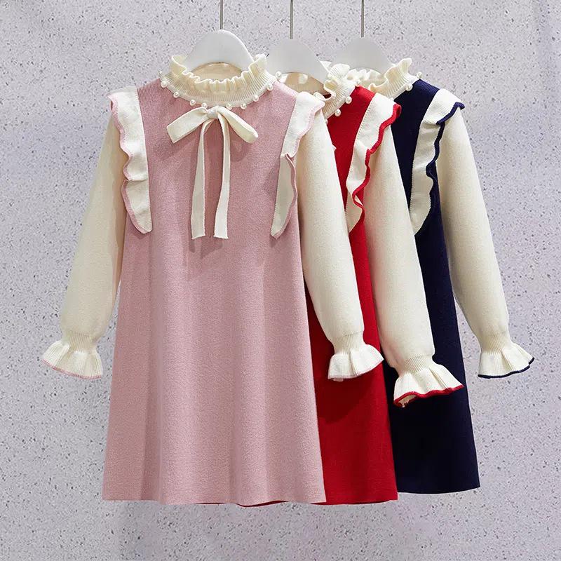 Girls' Red Knitted Pearl Sweater Dress - New Year's Winter Style