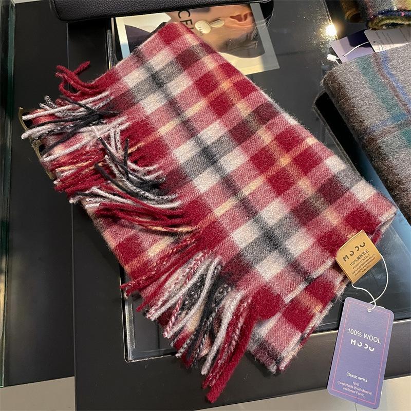 Burgundy small plaid pure wool scarf 100 warm retro scarf couple gift