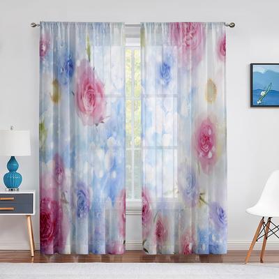 Romantic Rose Floral Print Sheer Voile Curtains for Bedroom Living Room Kitchen Decoration Tulle Curtains Chiffon Window Drapes