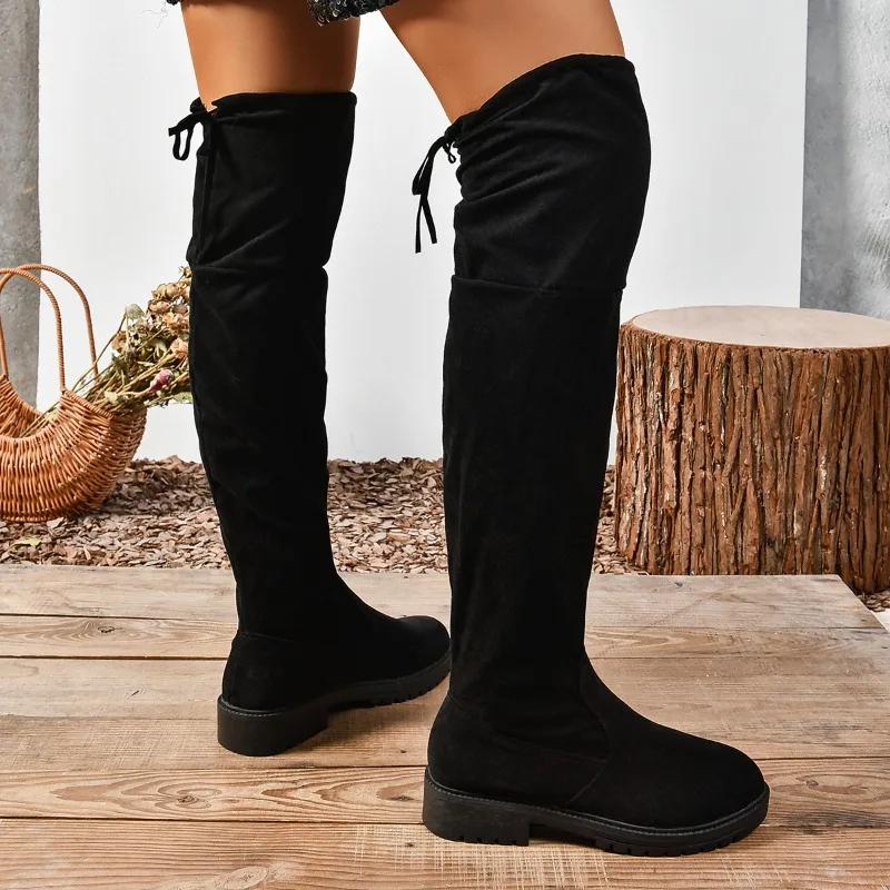 New Fashion Women's High Boots Solid Color Slip-on Comfortable Versatile Lace-up Spring and Autumn Women's Nude Boots