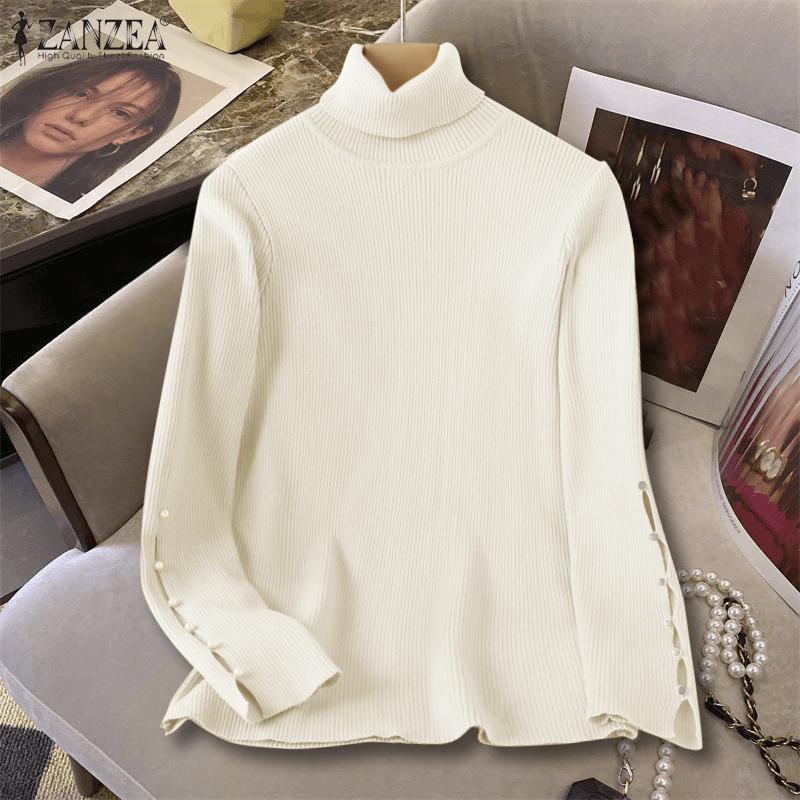 ZANZEA Women Turtleneck Pearl Stitching Long Sleeve Thin Casual Knitted Sweater Tops