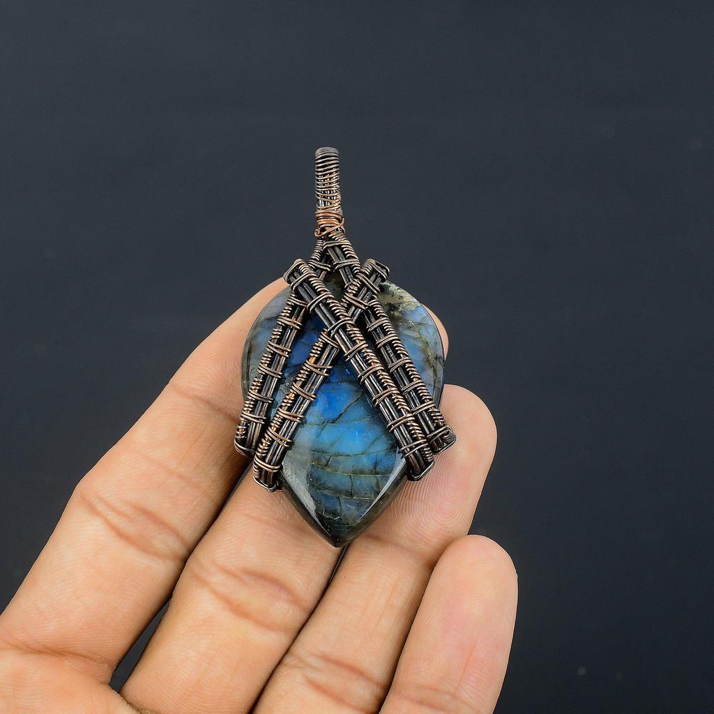 Labradorite Pendant, Handmade Gemstone 999 Copper Wire Wrapped Pendant Antique Jewelry, For Gift Silver Jewelry