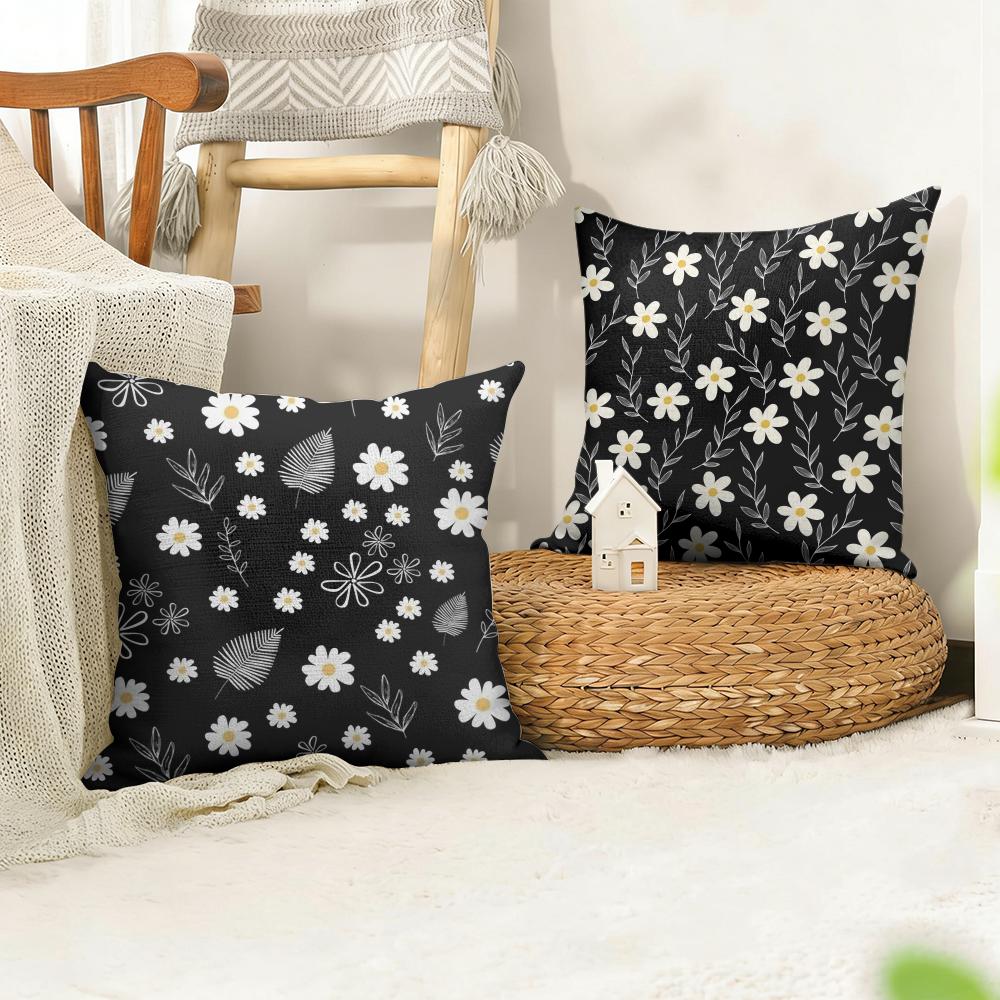 Black Daisy Cushion Cover Natural Linen Organic Fabric Double-Sided Printing Sofa Home Decor Gift Pillow Cover