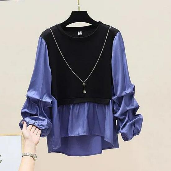 2024 Spring/Autumn Korean Style Patchwork Contrast Slim Long Sleeve Round Neck Two-Piece Shirt