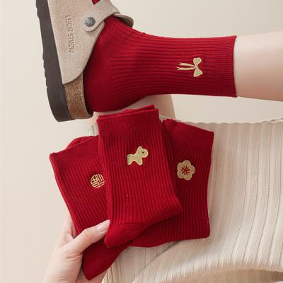 New Year Golden Embroidered Big Red Socks, Golden Horse Heart Bow, Simple Mid-calf Cotton Socks