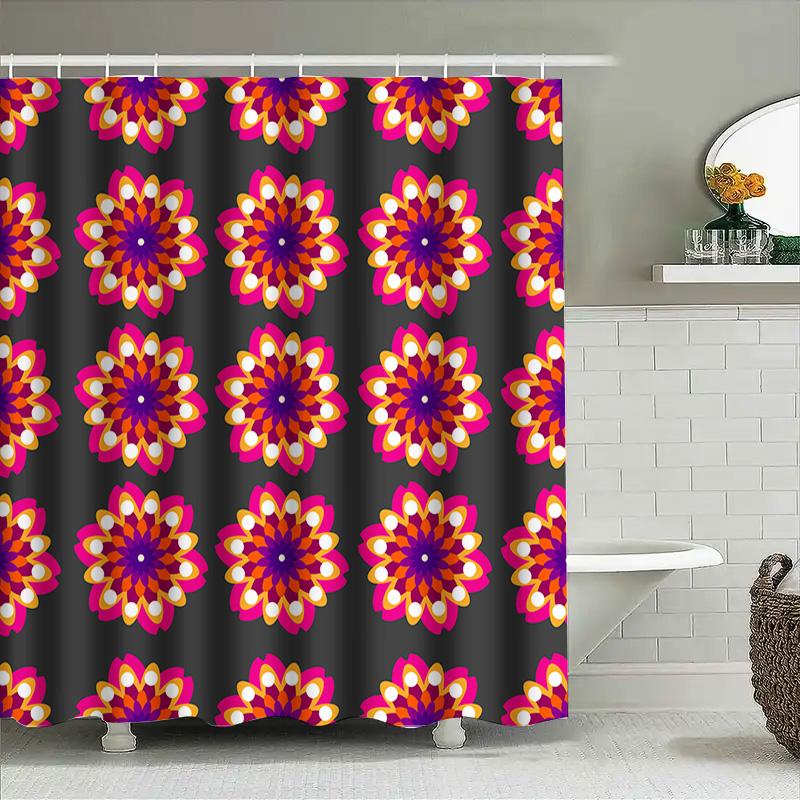 Creative Mandala Shower Curtain Pink Yellow Floral Pattern Fabric Shower Curtain Set For Bathroom Decor, Polyester Waterproof Sh