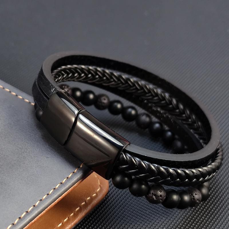 2026 New Fashion Beads Volcanic Lava Stone Bracelet for Men Leather Male Bracelet with Stainless Steel Magnet Men Jewelry Gift