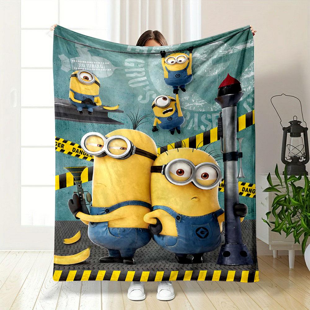Yellow Characters In Blue Overalls, Mischievously Interacting with Tools. for All Seasons Blanket Lunch Break Throw Gift 75X95CM