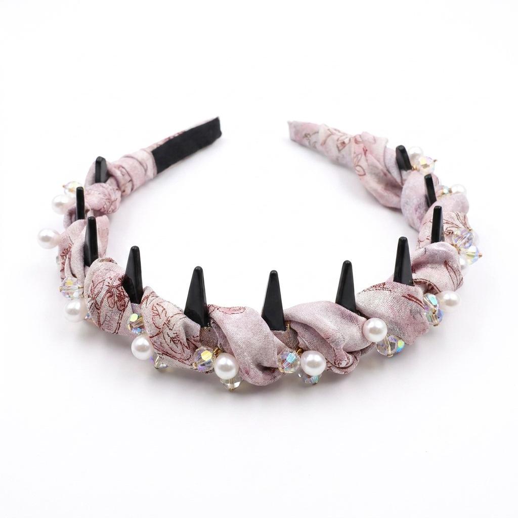 Luxurious Pink Floral Pearl & Rhinestone Pleated Headband - Exquisite Elevated Hair Accessory