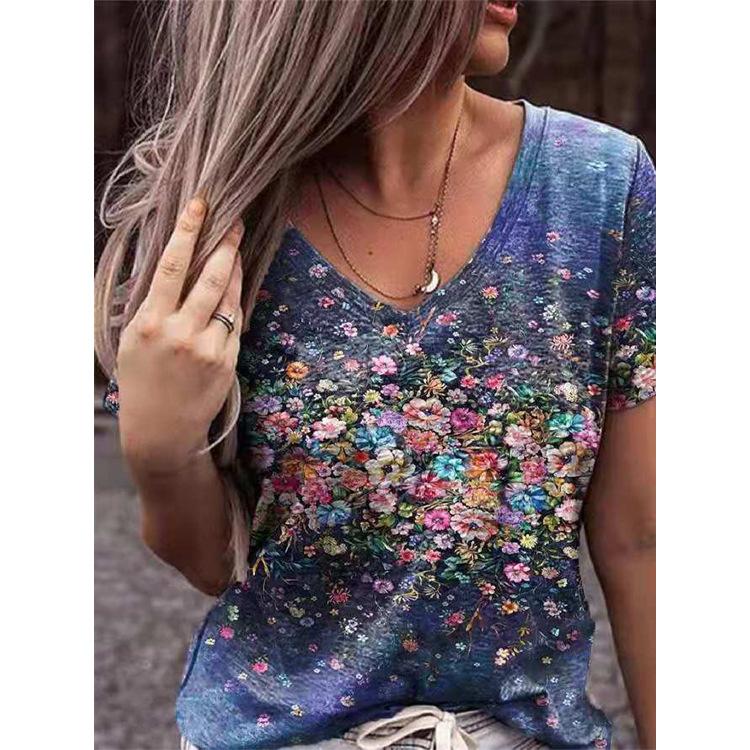 DAFIFY Camisetas y tops con cuello en V de manga corta con estampado de flores informales de verano a la moda para mujer