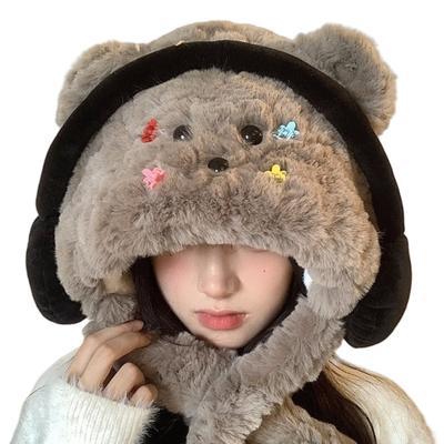 Cartoon Bear Plush Caps Thicken Ear Muff Hat for Skiing Hiking Women Girl Windproof Ushanka Hat for Outdoor Cold Weather
