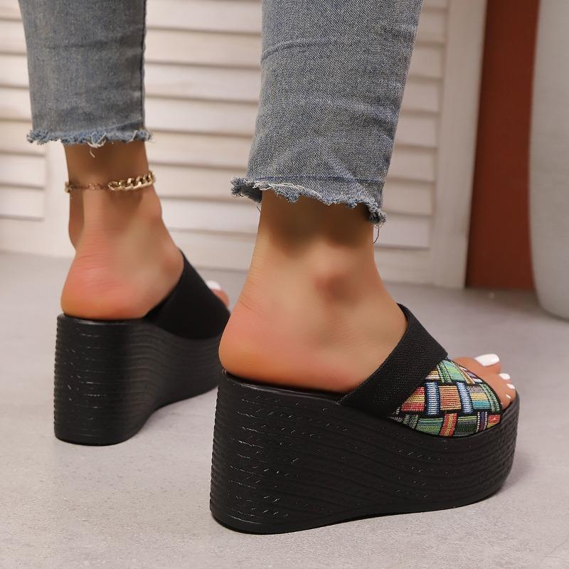 Fashion Patchwork Chunky Women's Fashionable Plaid Slippers 2025 New Wedge Heel Sandals Women Summer Thick Bottom Beach Zapatos De Mujer