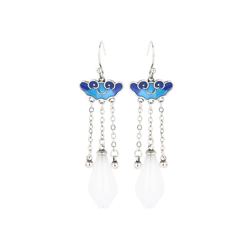 Aieryuan Ethnic Cloisonné Magnolia Long Earrings - Thai Silver Plated Auspicious Clouds Design