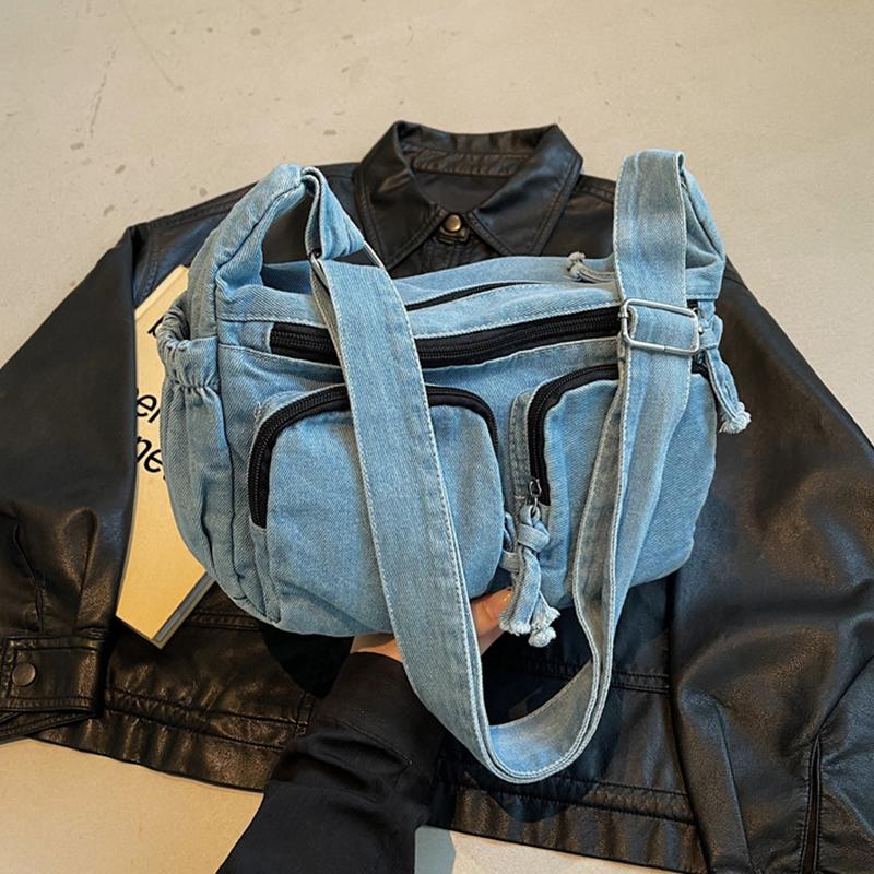 Vintage Denim Shoulder Bag Women's Large Capacity Messenger Bag Multi-pockets Satchel Bags Adjustable Strap Ladies Crossbody Bag